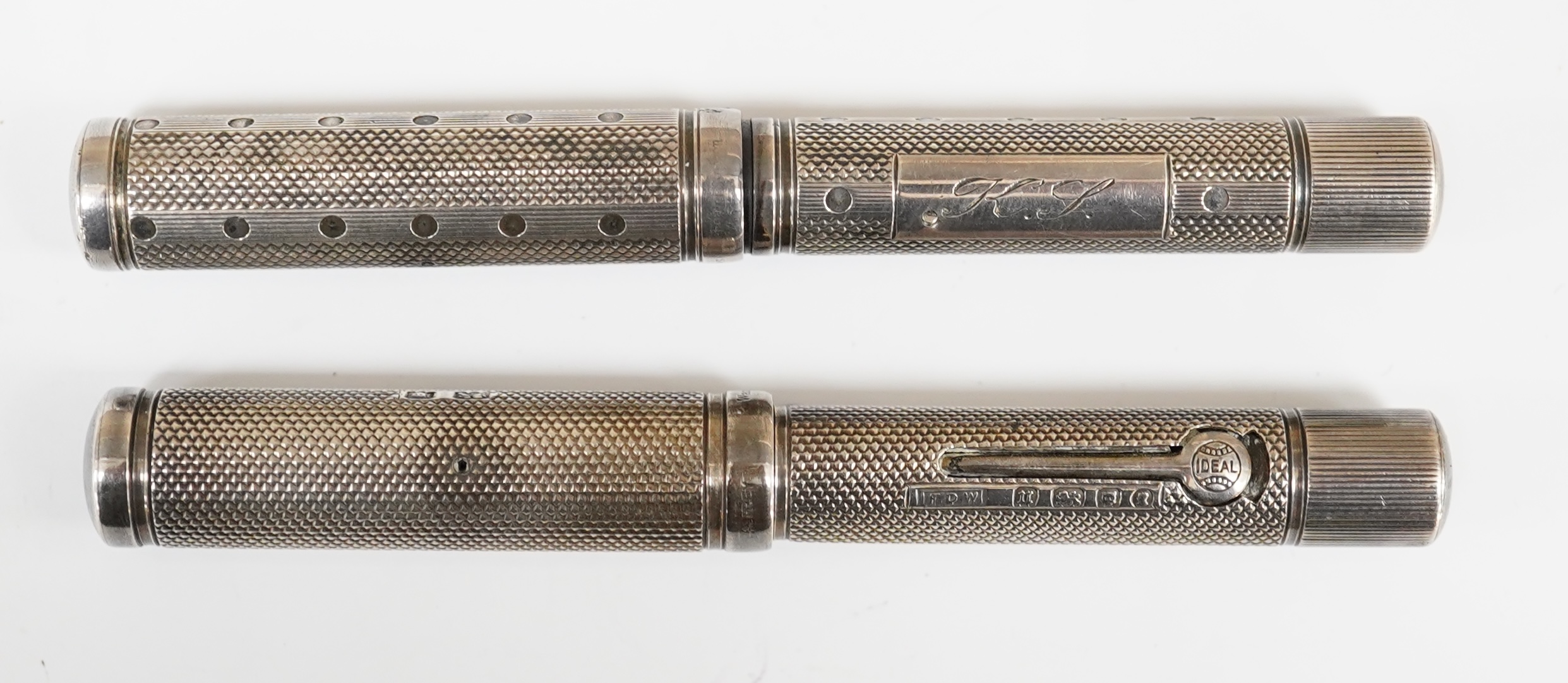 Two Waterman Sterling silver fountain pens, fully hallmarked with FDW maker's mark lever filled pens